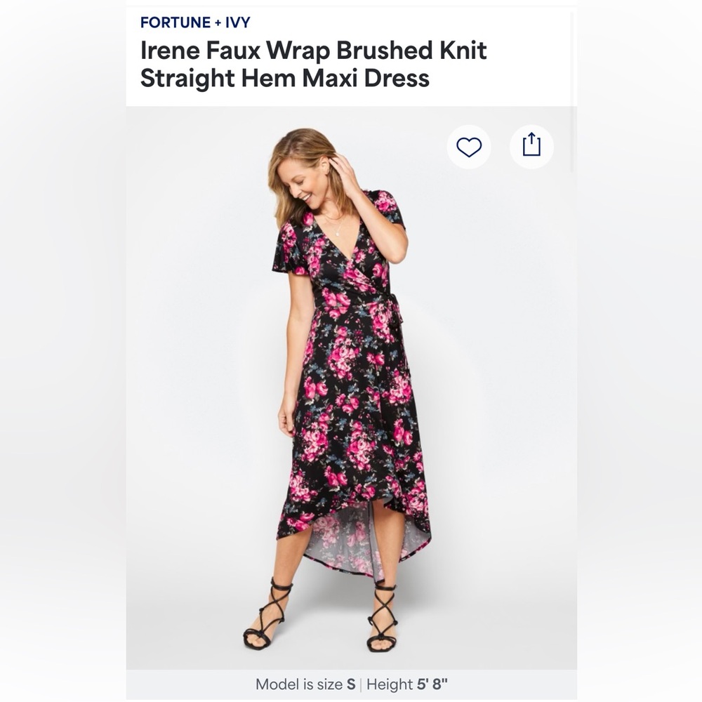 Black Floral High-Low Wrap Dress with Pink Rose Print